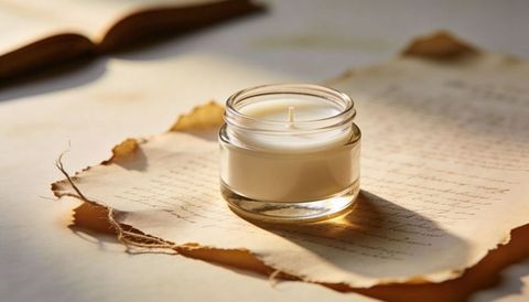 Glass jar candle casting warm shadow on torn parchment with frayed twine