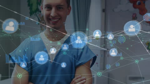 Smiling Medical Professional in Digital Network Interface