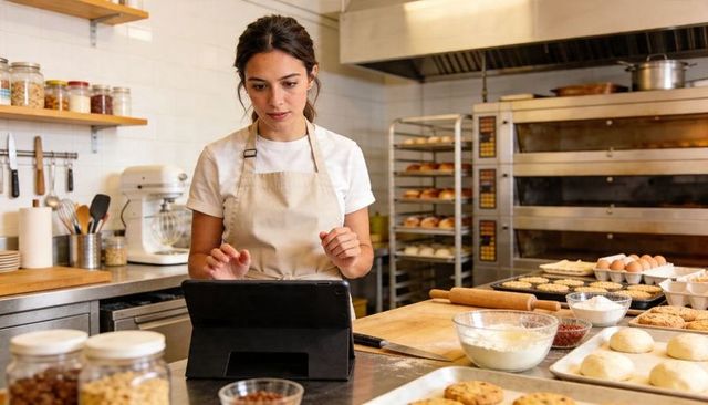 Female Baker Using Tablet in Commercial Bakery Preparing Dough, Mixing, Baking Cookies