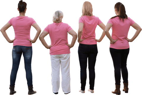 Transparent group of diverse women facing away in pink shirts