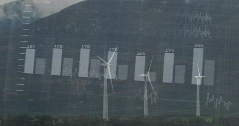 Onshore Wind Turbines Generating Power With Data Overlay Across Mountain Valley Landscape