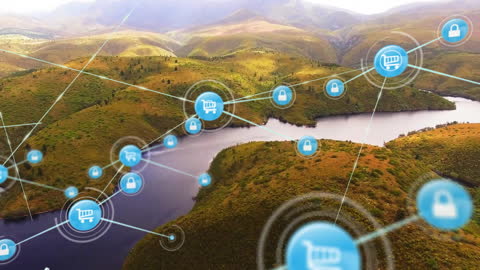 Technology Icons Float Over Stunning River Landscape