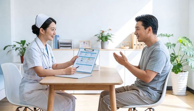 Nurse presenting digital form on tablet to patient in welcoming clinic consultation