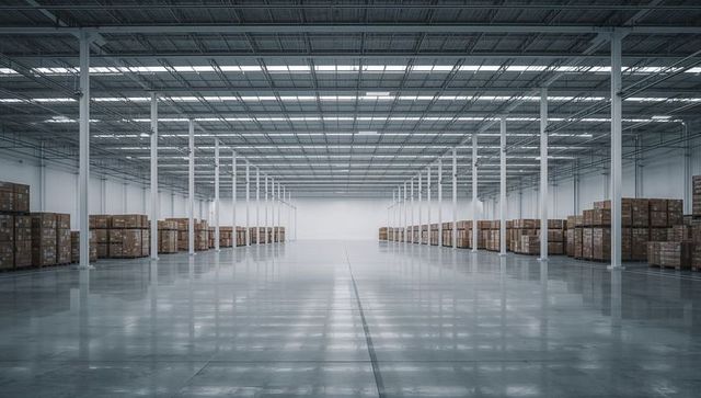 Empty Modern Warehouse Aisle with Palletized Boxes, Symmetry, Industrial Logistics Hub