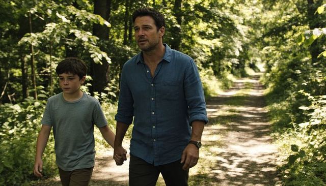 Father and son walking hand in hand on sunlit forest trail