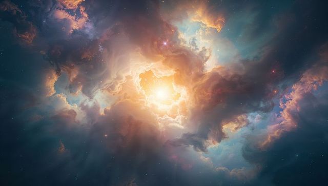 Glowing Nebula Core Radiating Golden Light Through Interstellar Gas Clouds and Filaments