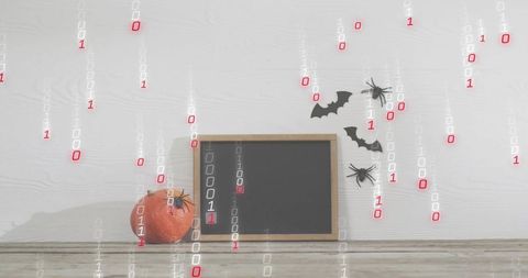 Minimal halloween blackboard displaying pumpkin, bats and spiders with binary code overlay