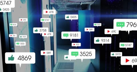 Digital Data Center with Floating Social Media Notification Icons