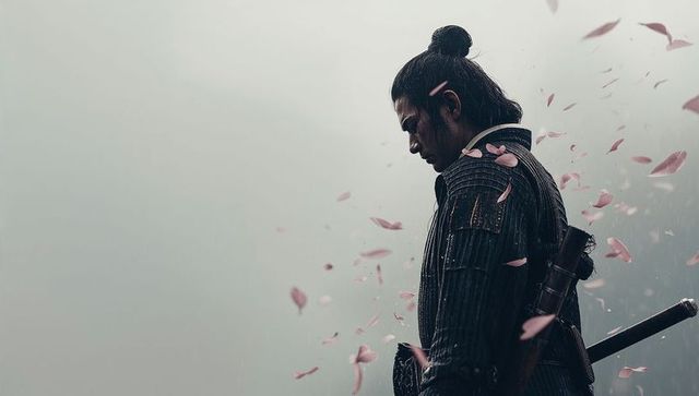 Samurai Warrior in Foggy Tranquility with Cherry Blossoms