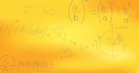 this image depicts various handwritten mathematical formulas and equations on a vibrant yellow background. used in educational contexts, it represents concepts such as algebra and calculus. ideal for illustrating learning materials, online courses, educational videos, and interactive training resources.
