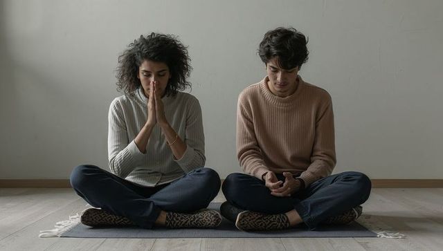 Calm couple sitting cross-legged practicing mindfulness and silent meditation indoors