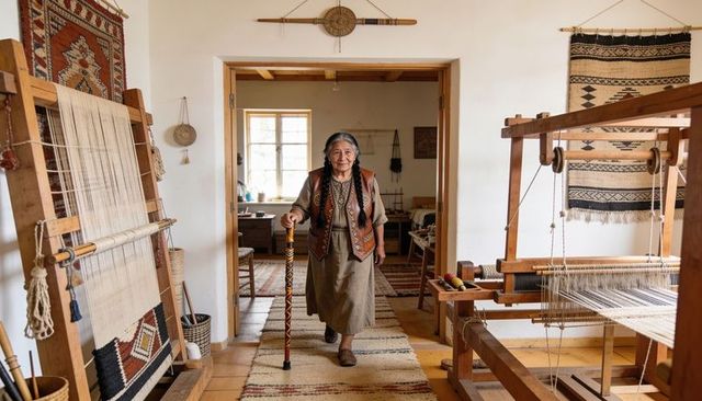 Walking native american weaver carrying decorated cane in traditional textile studio