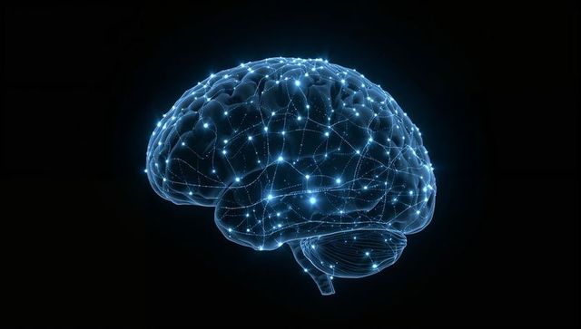 Glowing neural network brain mesh representing AI connectivity and cognitive activity