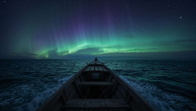 Wooden rowboat heading toward aurora borealis over arctic ocean under starry sky