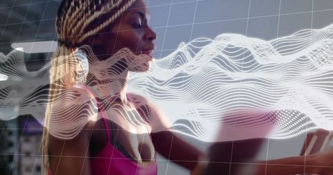 Woman with Braids Pushing Cardio Machine Wearing Pink Top with Digital Waveform Overlay