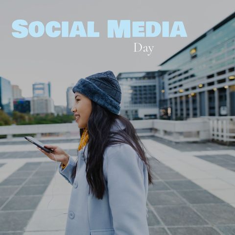 cheerful young woman celebrating social media day with smartphone in city - Download Free Stock Templates Pikwizard.com