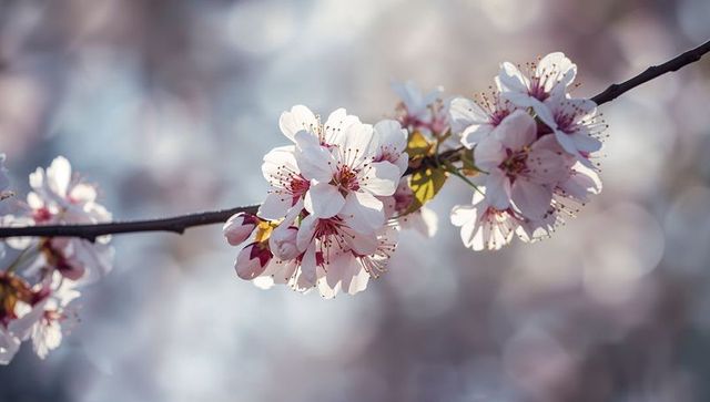 Delicate Pale Pink Cherry Blossom Branch with Soft Bokeh Light and Spring Buds
