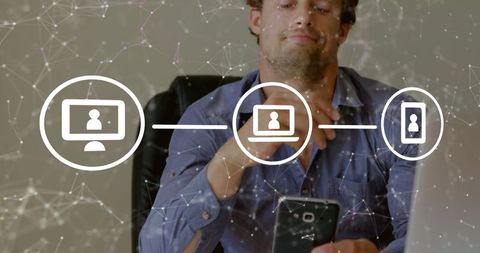 Businesses Man Engaging with Digital Network Icons via Smartphone
