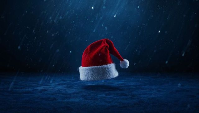 Floating Santa Hat Catching Rain and Bluish Light over Reflective Wet Floor, Moody Holiday Scene