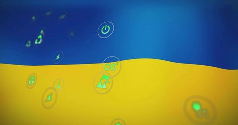 Neon energy bubbles over blue yellow wave showing co2 wind power icons for infographic