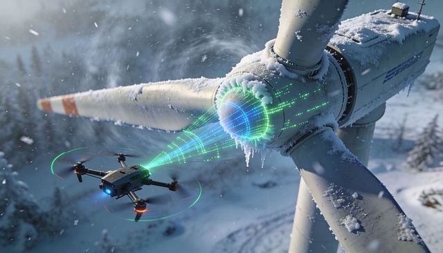 Drone inspecting icy wind turbine with holographic diagnostic scan in snowy windfarm