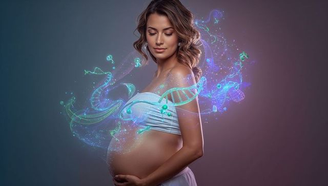 Futuristic maternity concept: pregnant woman and dna visualization