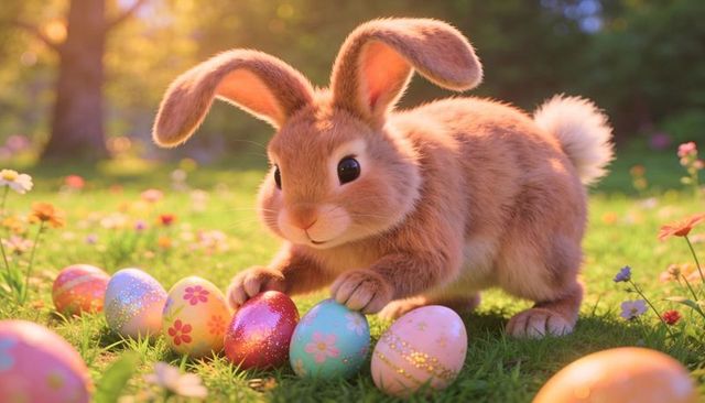 Fluffy brown rabbit nudging pastel decorated easter eggs in sunlit spring meadow