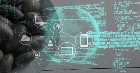 Hand holding smooth dark stones while displaying teal hologram code and network icons