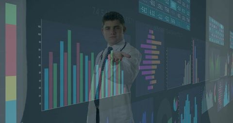 Lab coat professional pointing at interactive analytics dashboards with colorful bar charts