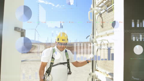 Worker Managing Wind Turbine With Data Overlay