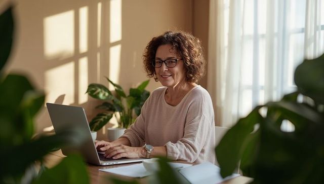 Mature woman working from home on laptop surrounded by plants in sunlit cozy workspace