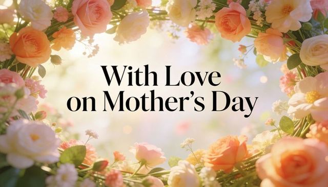 Sunlit rose wreath framing mother's day greeting in pastel garden bokeh