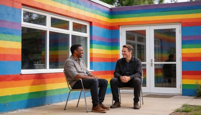 Two men chatting by vibrant rainbow wall showing pride and friendship