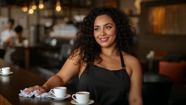 Smiling barista wiping wooden counter in cozy cafe with two espresso cups and warm vibe