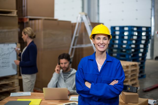 Portrait of female warehouse worker standing with arms crossed in a warehouse