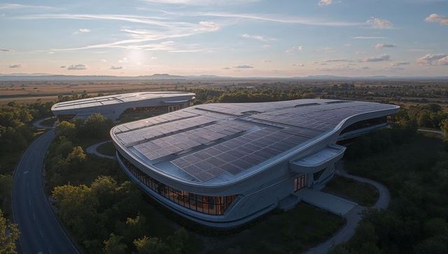 Futuristic solar-powered building on rural campus at dusk