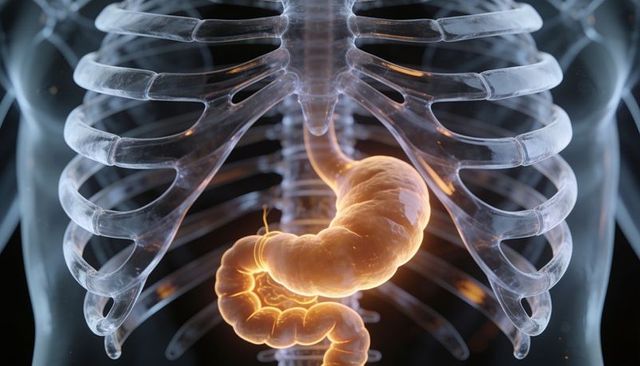 Translucent rib cage revealing glowing stomach and coiled small intestine 3d anatomy
