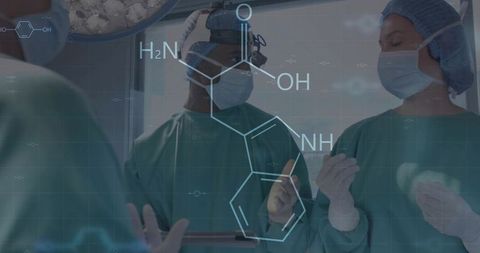 Surgical team collaborating in operating room with molecular overlay and clinical grid