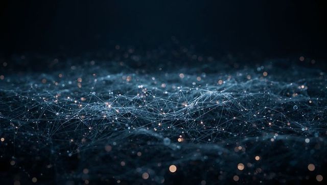 Neural network mesh rippling over dark digital plane with glowing data nodes