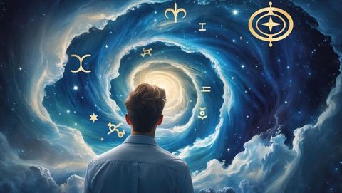 Astrologist gazing into enchanting cosmic vortex with mystical symbols