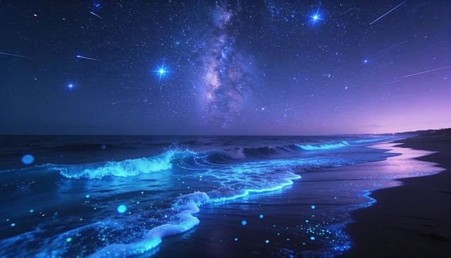 Bioluminescent Waves Glowing Along Night Beach Under Milky Way Galaxy