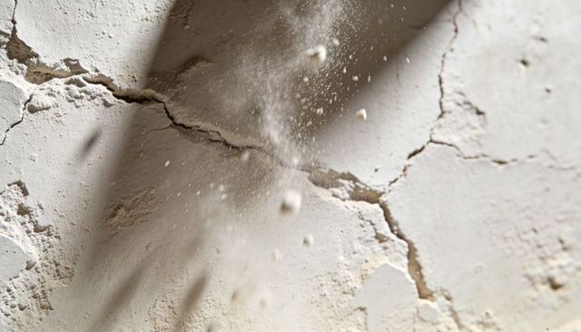Cracked plaster wall shedding dust and flakes under diagonal shadow, textured decay detail