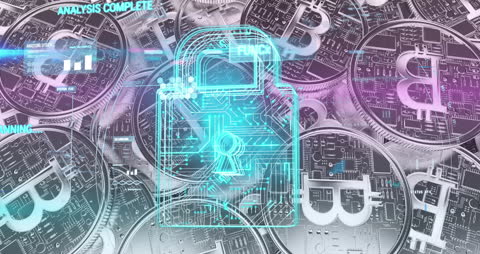 Digital Padlock Over Cryptocurrency Bitcoins Illustrating Cyber Security