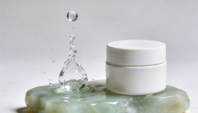 Minimalist white cosmetic jar on jade slab with water splash, moisture skincare concept