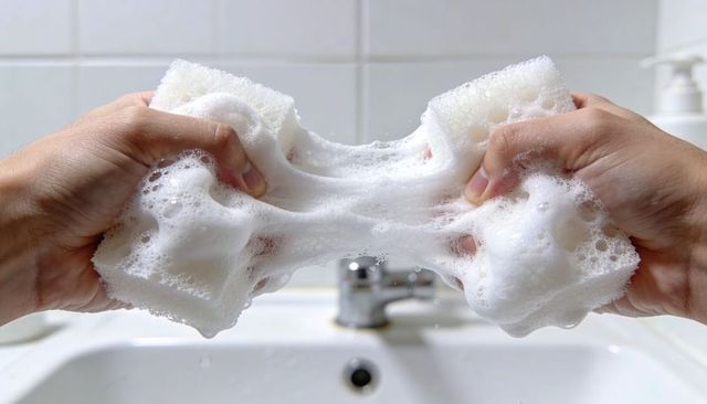 Hands stretching soapy white sponge, forming lacy foam strands over ceramic sink and faucet