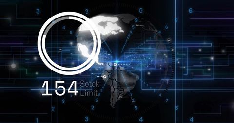 Displaying dotted globe with hud rings, numeric 154 and neon cyber network visualization