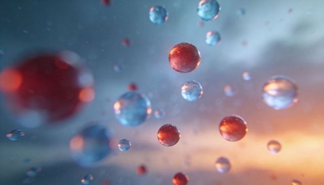Floating glossy red and blue orbs glowing in soft bokeh sky with warm gradient light
