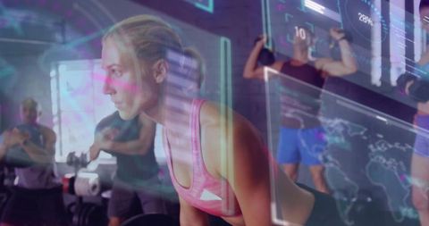 Woman performing bent-over barbell row in group gym class with futuristic hud overlay