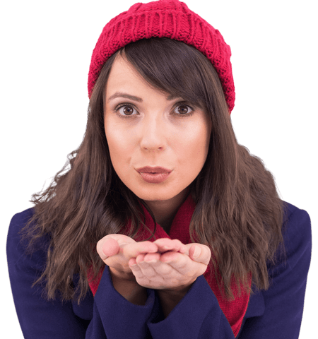 Caucasian Woman Blowing Kiss in Winter Outfit on Transparent Background