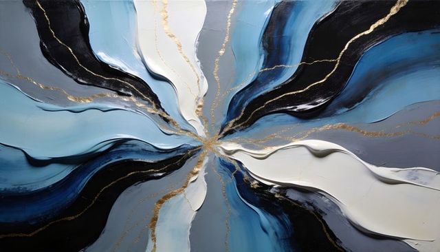 Radiant blue and gold impasto abstract canvas with radial metallic veins and texture